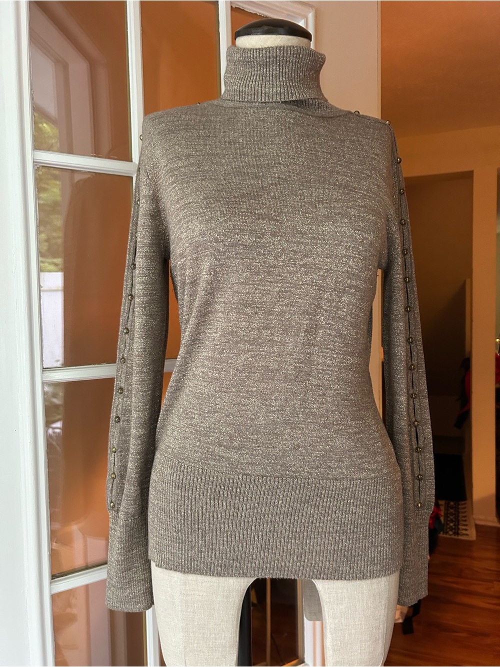Cache Metallic Taupe Cowl/Turtleneck Sweater. Y2K medium